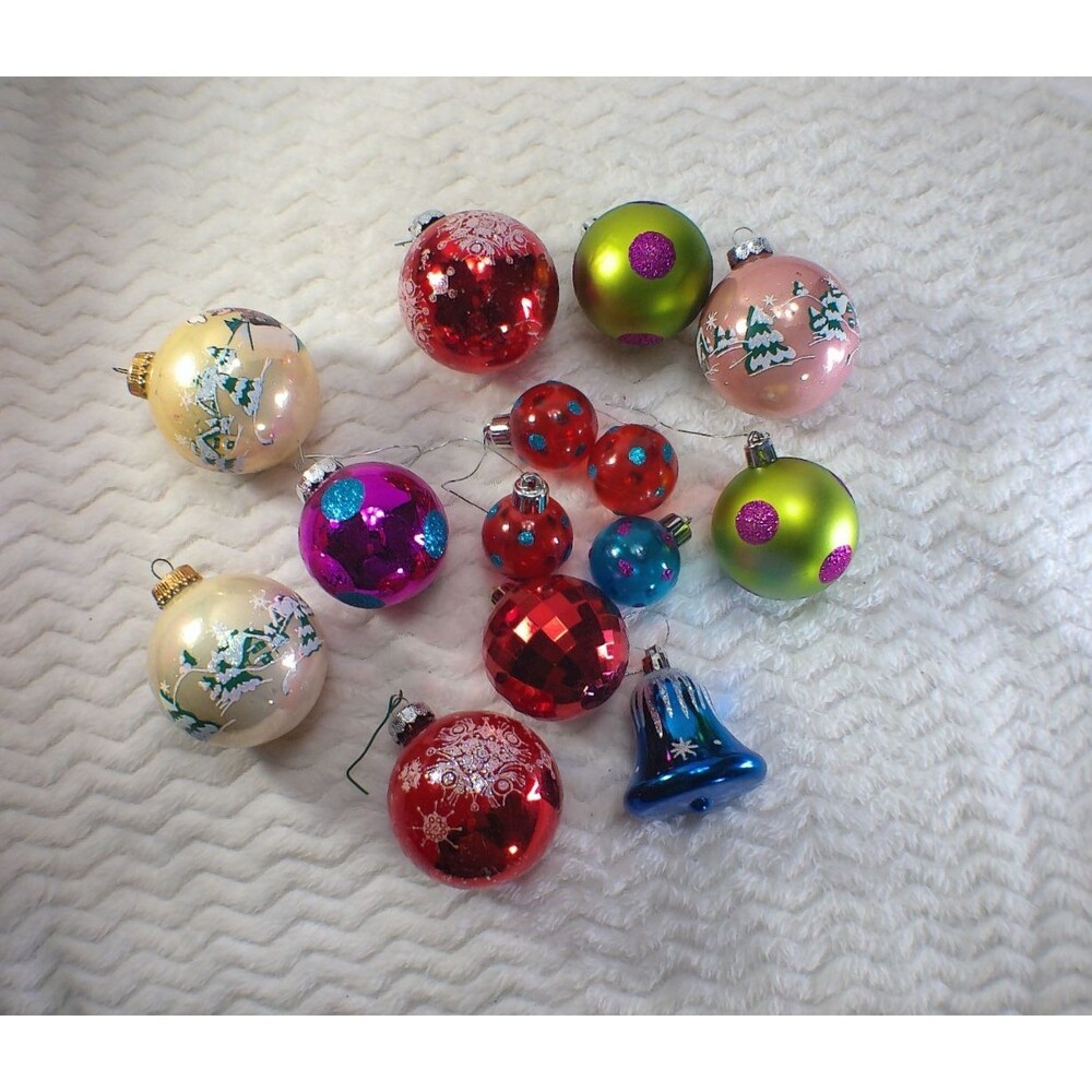 VTG Christmas Ornaments Mixed Lot of 14 Holiday Decor Round Bell Glitter -READ